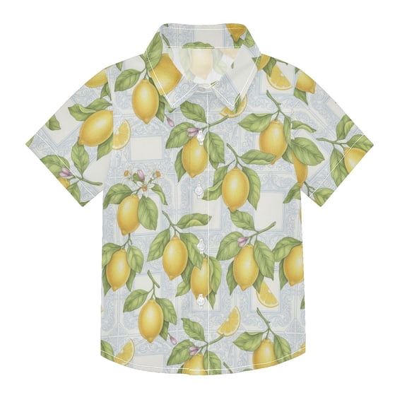 Dailycode Small Short Sleeve Button Down Shirts Yellow Lemon and Blue Tile Casual Shirt 3-10 Years