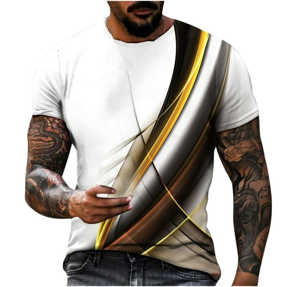 Mefallenssiah Men'S Short Sleeve Men Casual Round Neck Light Perception 3D Digital Printing Pullover Fitness Sports Shorts Sleeves T Shirt Blouse Gold
