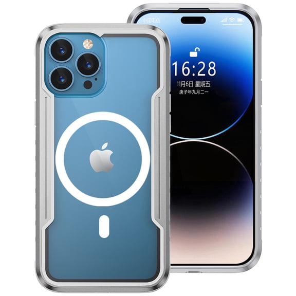 ELEHOLD Rugged Magnetic Case for iPhone 15 Pro Max,Hard PC Clear Back Aluminium Alloy Silicone Bumper Frame Compatible with Mag Safe Translucent Clear Shockproof Protective Case, Gray