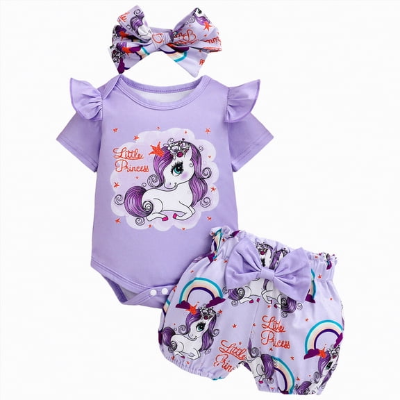 CAUYDY Infant Girl Toddler Summer Clothing Ruffle Sleeve Romper   Cartoon Print Elastic Shorts   Headband 3-Piece Set Outfits for Baby Girls 3-24Months (Sizes 0-3 Months,W6-Purple)