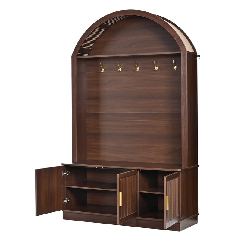 Farmhouse Hall Tree with Arched Top, Mid-Century Fluted Door Entryway Bench with Storage Cabinets & Adjustable Shelves, Coat Rack with 5 Metal Hooks for Hallway