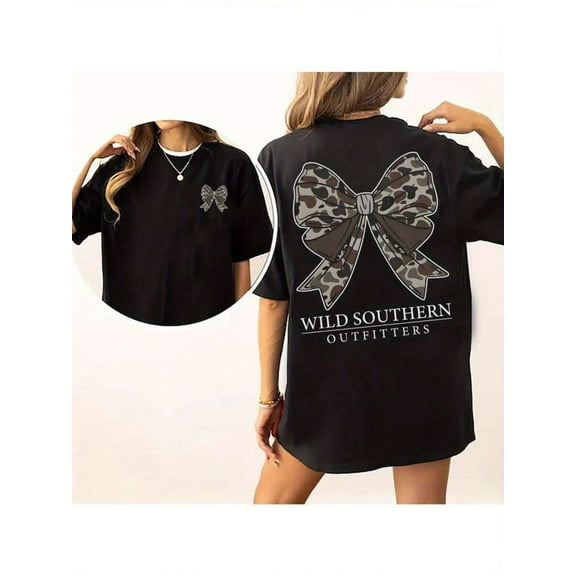 Vintage Camo Bow Hunting Shirt, Wild Southern Camo T-Shirt, Simply Printed Graphic Shirt, Daily Casual Womenswear