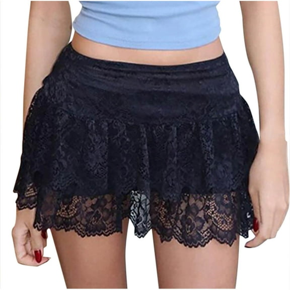 Penkiiy Lace Pumpkin Shorts for Women Y2k Layered Shorts Low Waist Ruffle Shorts Lolita Tiered Bloomer Shorts Streetwear L Black