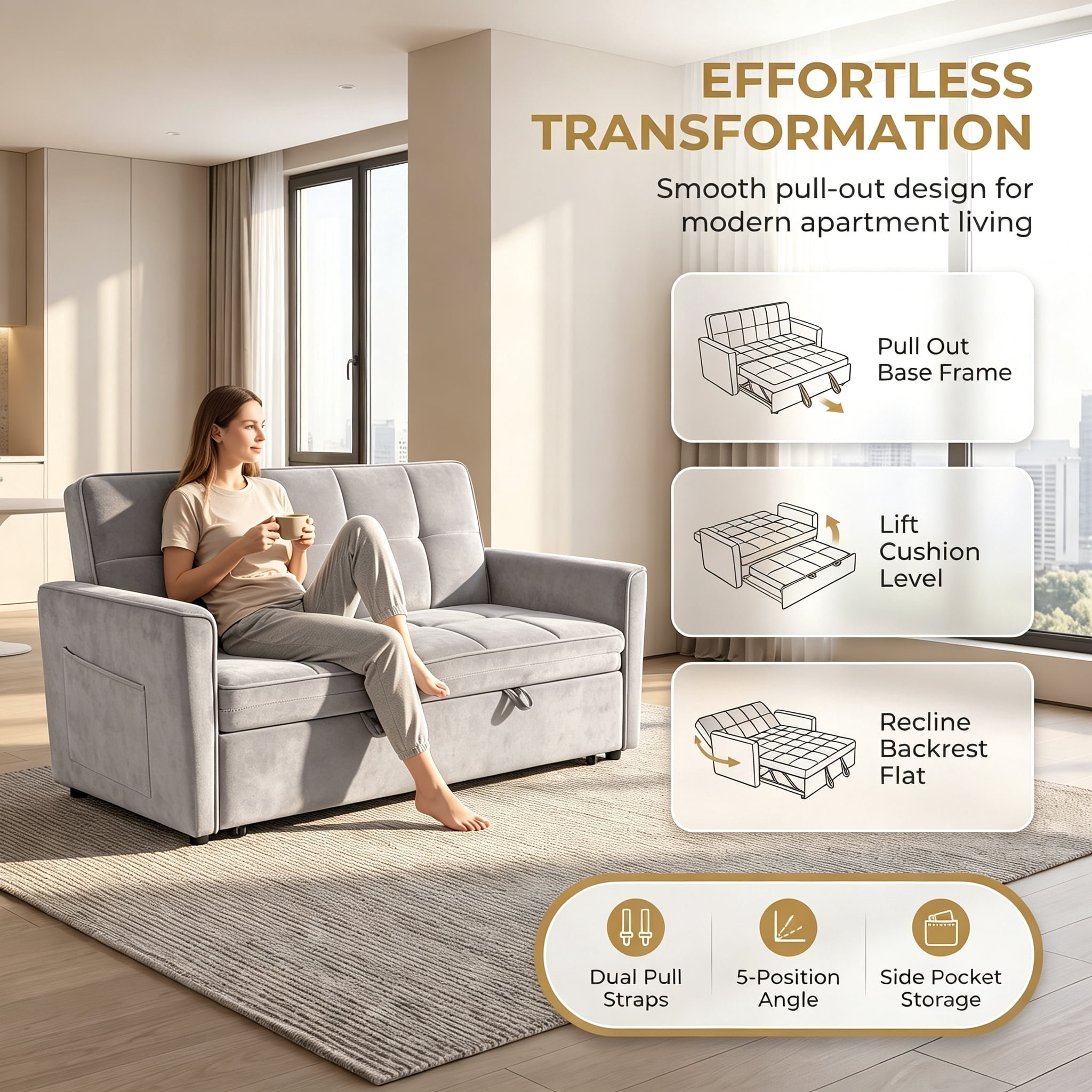 54" Convertible Sleeper Sofa Bed, Modern Velvet 3-in-1 Pull Out Loveseat Couch with 5-Position Backrest & Side Storage Pocket for Living Room, Light Gray