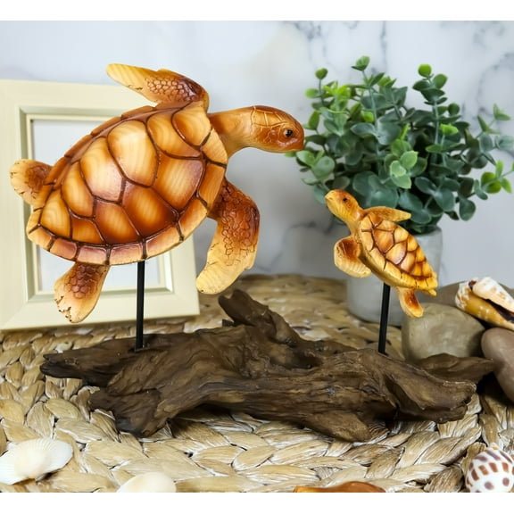 Ebros Under The Sea Mother & Baby Sea Turtle Family Statue 10"L Faux Wood Resin