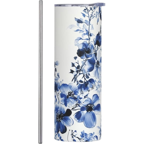 Chinoiserie Blue and White Floral Stainless Steel Skinny Tumbler,20 oz Chinoiserie Blue Flowers Insulated Tumbler with Lid and Metal Straw,Travel Cups for Women Men,Valentine''s Day Christmas Gifts