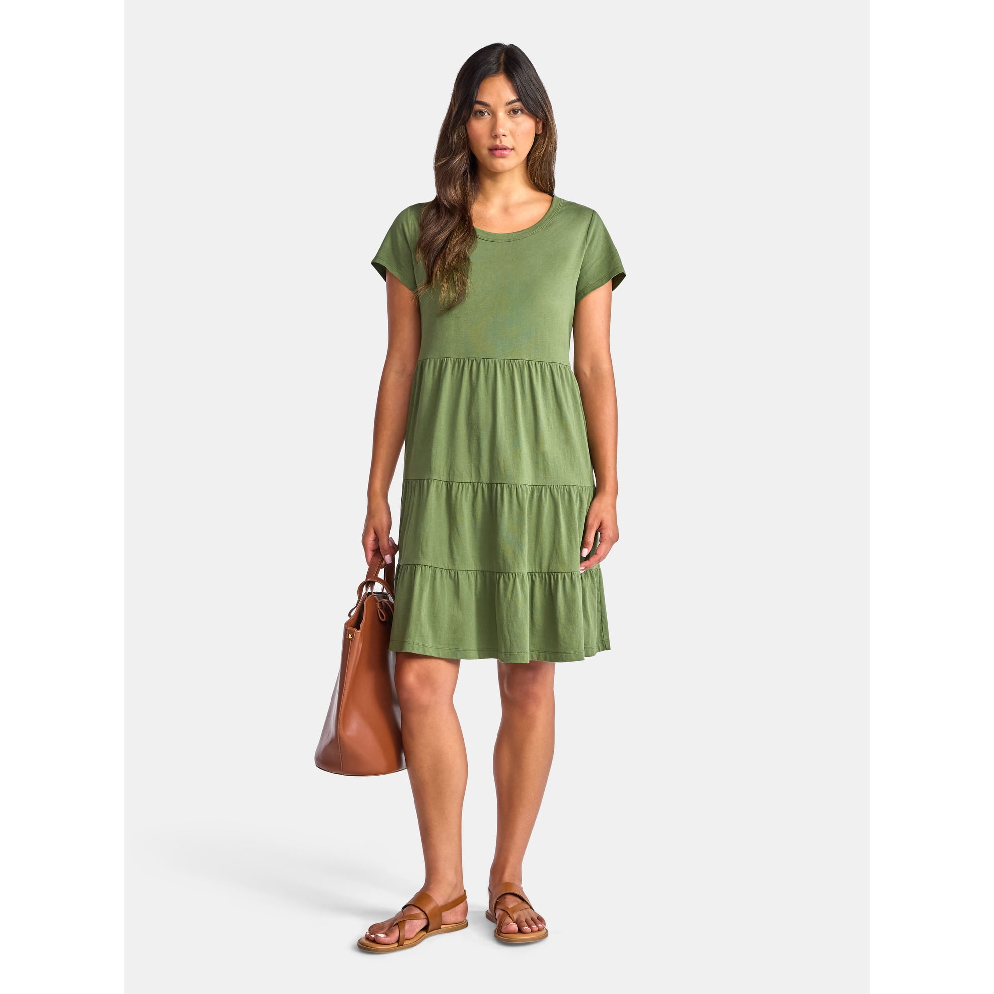 Time and Tru Women's Tiered Cotton Dress with Short Sleeves, Sizes XS-XXXL