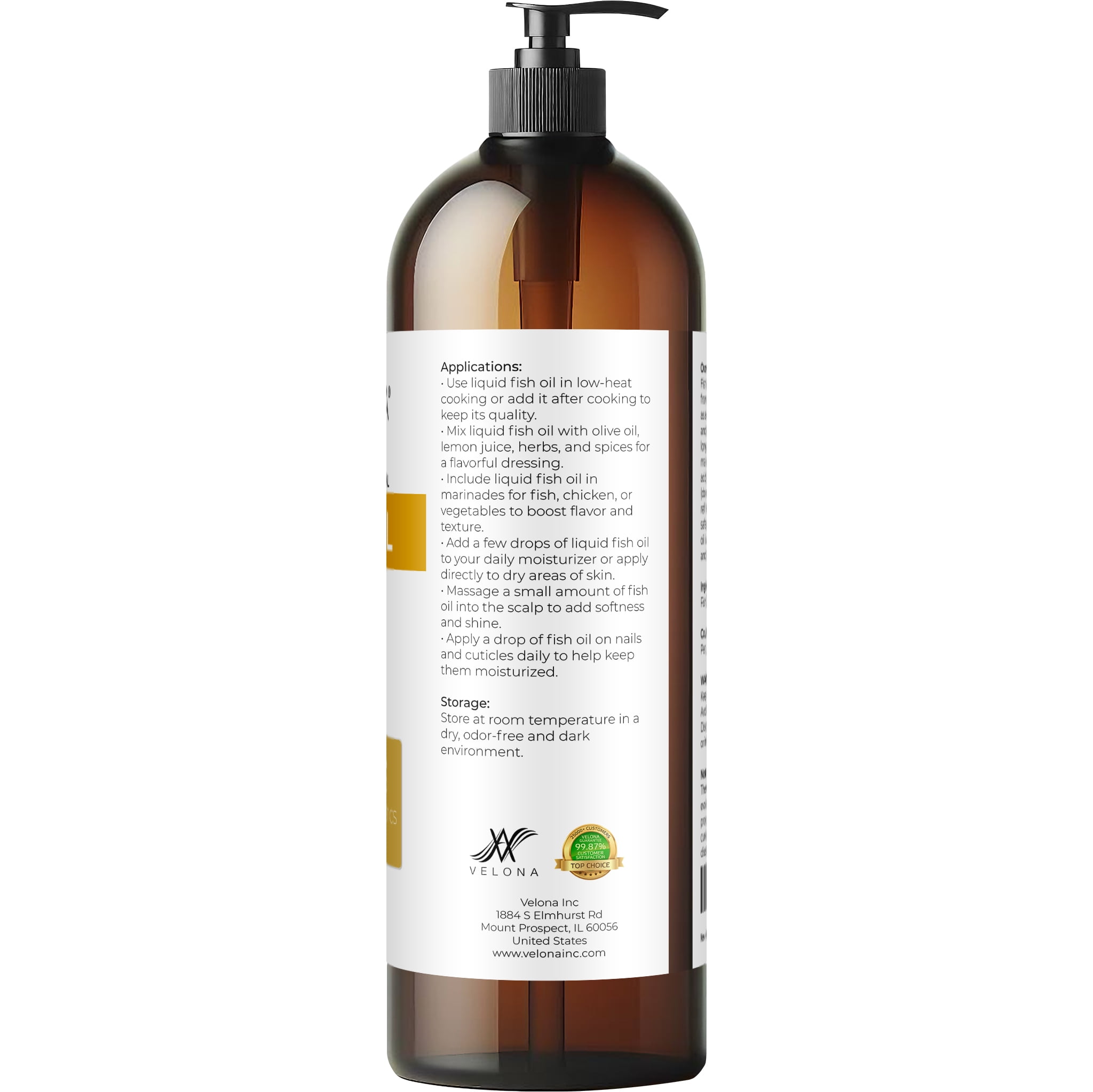 Fish Omega-3 Oil by Velona - 32 oz | 100% Pure and Natural Carrier Oil | Refined, Cold pressed | Vitamin E, D, Omega-3 | Cooking, Skin, Face, Body, Hair Care | Use Today - Enjoy Results