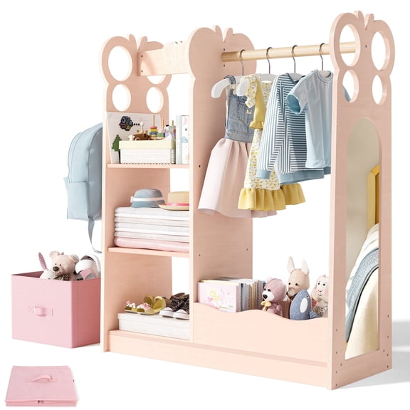 Buballino Kids Dress Up Storage, Butterfly Style, 2-5 Year, with Mirror, 1 Drawer, 4 Hangers, 3 Hooks, Pink, Wood, 1 Pack, 39.8 x 33.5 x 13.8 Inch