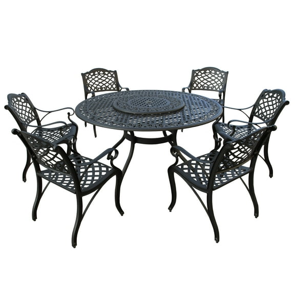 Aluminum 7pc Black Round Patio Dining Set, Lazy Susan, Six Chairs