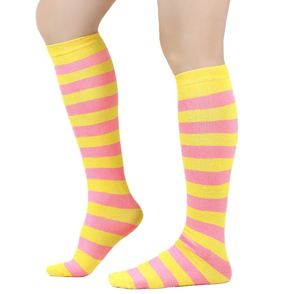 suxuMhao Thick Striped Calf Socks,3 Pairs One Size Fits Most,Soft Polyester-Cotton&Spandex Socks-Ideal as Mid Calf Socks,Knee High Socks,Long Socks,Crew Socks,Yellow & Pink for Daily Wear​