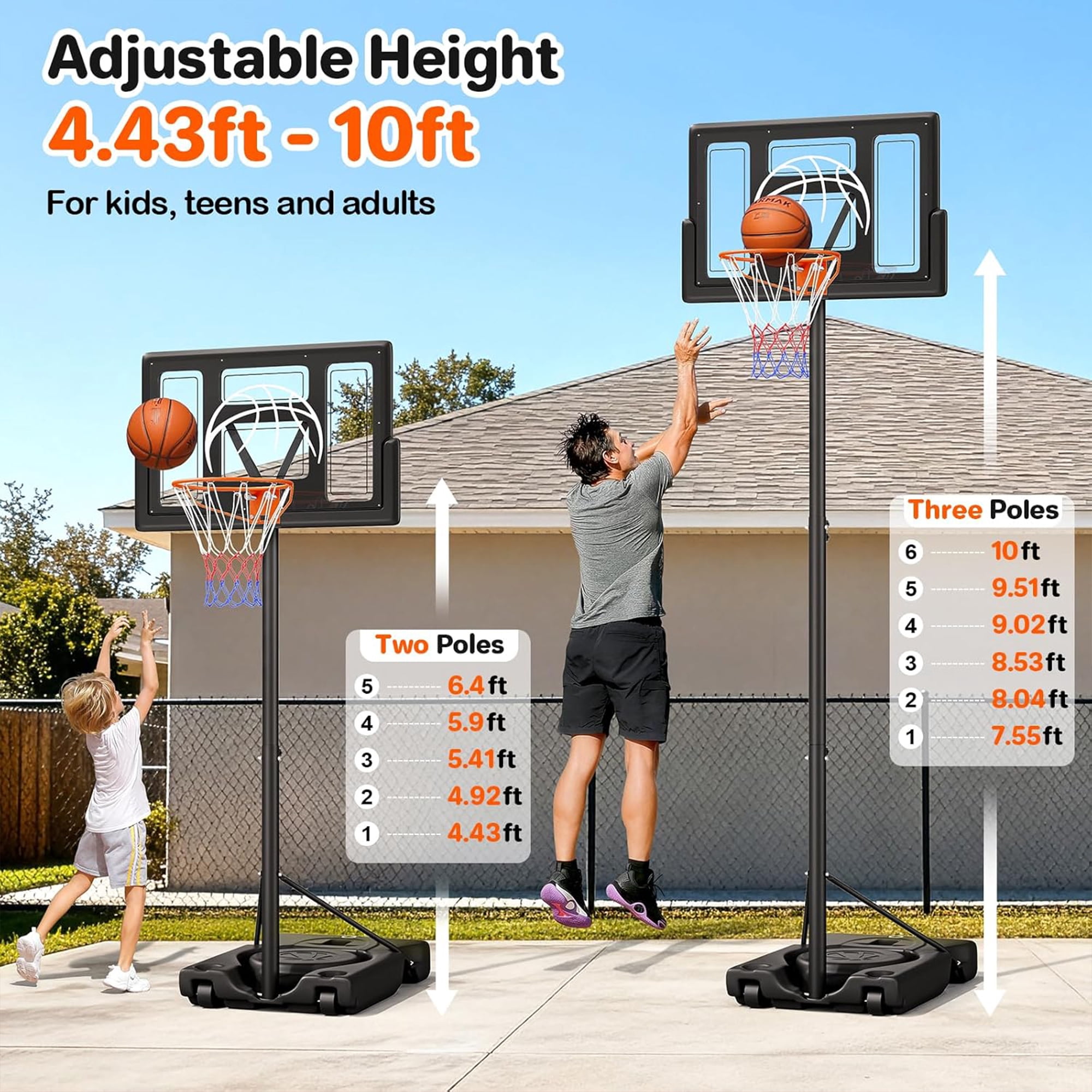 Tonbux Adjustable Basketball Hoop Outdoor 10FT, Basketball Portable Hoops & Goals, 44 Inch Backboard, for Kids, Youth, and Adults in The Backyard, Driveway