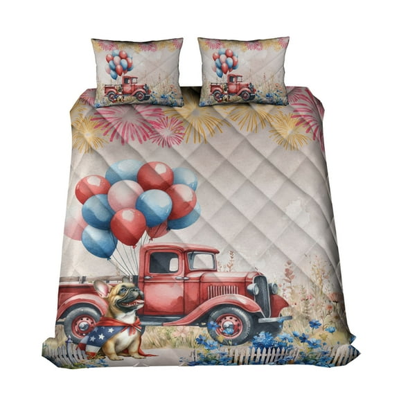 Vintage Patriotic French Bulldog 4th of July Independence Memorial Day Quilt Bedding Set Dog Lover Gifts 1 Blanket Bed Cover 2 Pillowcases - 01006