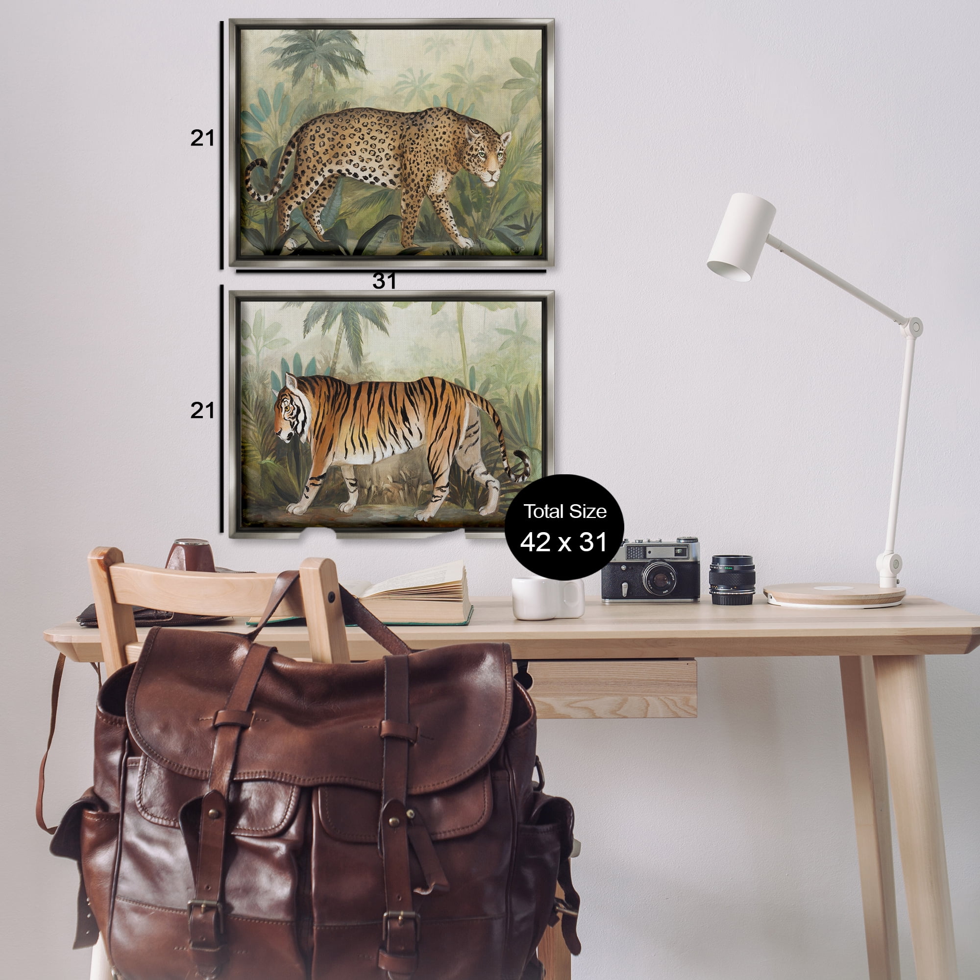 Stupell Industries Jaguar & Tiger Jungle Scene Animals Painting Gray Floater Framed Canvas Art Print Wall Art, 31 x 21, Set of 2