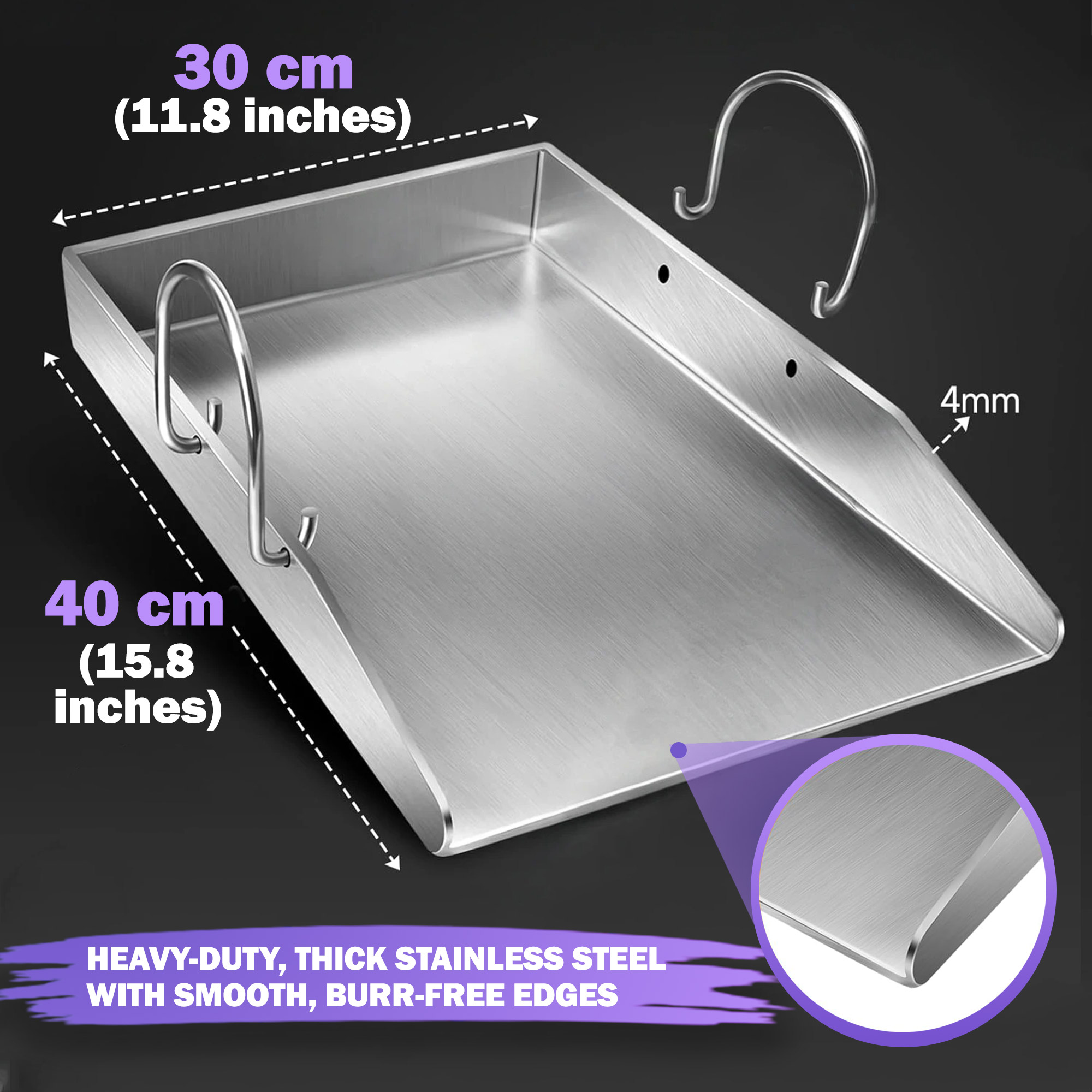 11.8" x 15.8" Griddle/Plancha Grill Plate – 4 mm Thick Stainless Steel BBQ Griddle Accessory with Removable Handles for Gas & Charcoal Grills