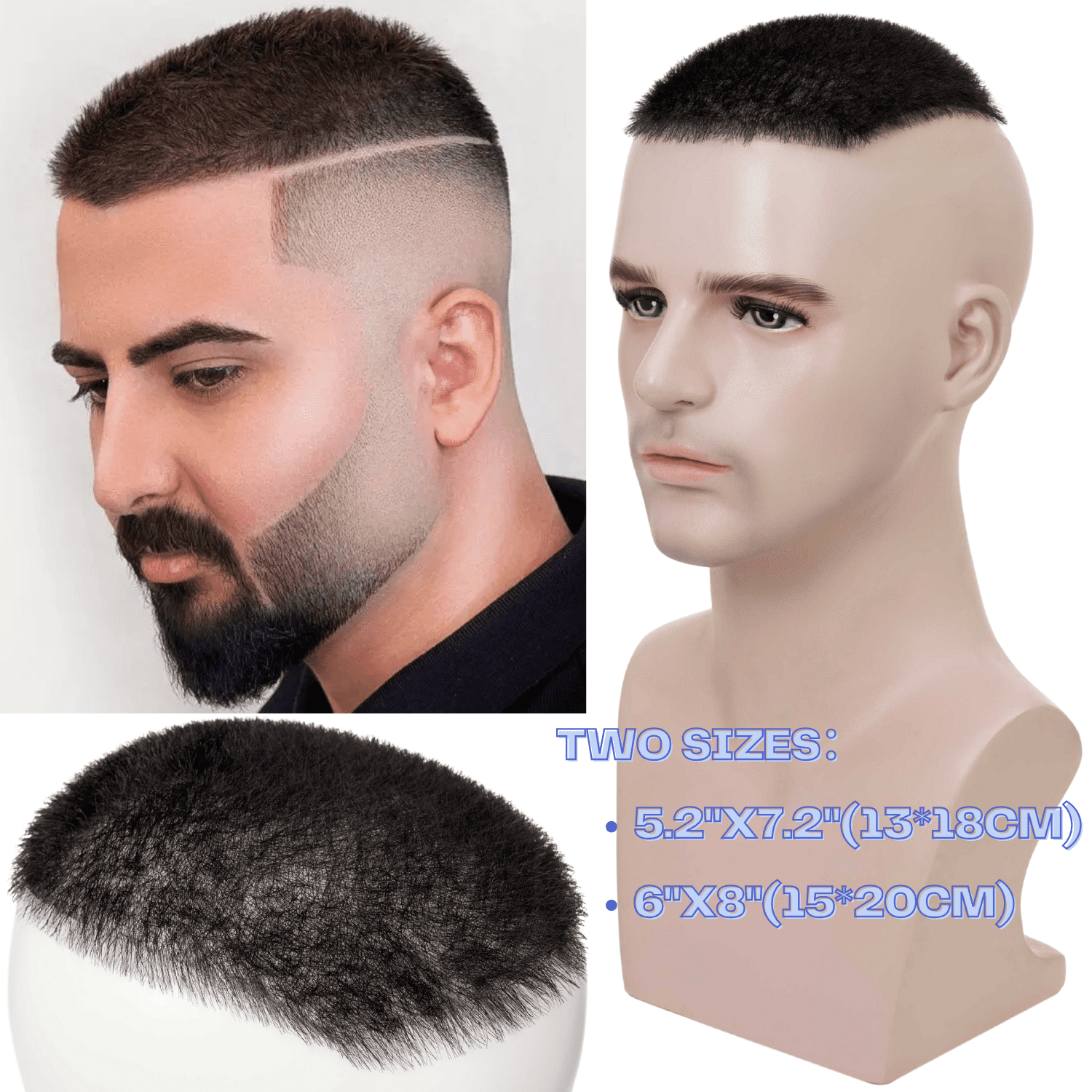 Benehair Poly Skin Thin PU Base Short Toupee Wig Buzz Cut Hairpiece Replacement Systems For Man 100% Remy Real Human Hair Topper Hair Piece 6"*8" Top Piece Natural Black 120% Density with Tape