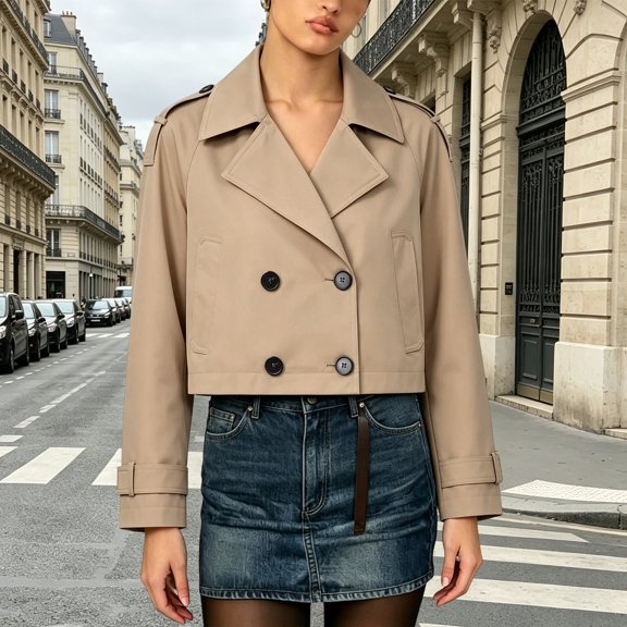 Cropped Trench Coat for Women Casual Short Fall Jackets Double Notched Lapel Windproof Spring Fall Jackets (Khaki L)