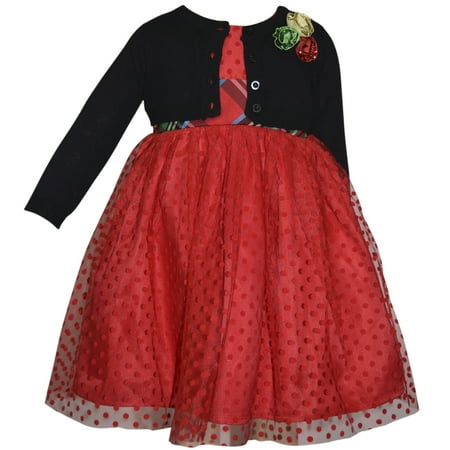 Polka Dot Mesh Overlay Holiday Dress With Sweater Shrug (Baby Girls & Toddler Girls)