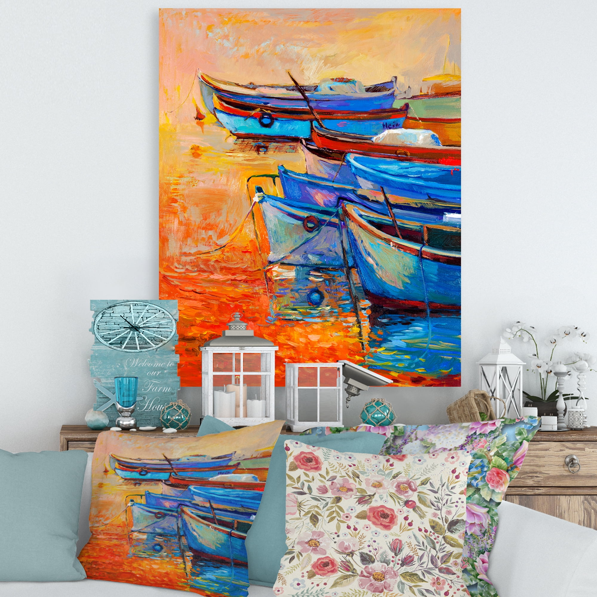 Designart ' Boats During Warm Sunset Resting On The Water VIII ' Nautical & Coastal Canvas Wall Art Print