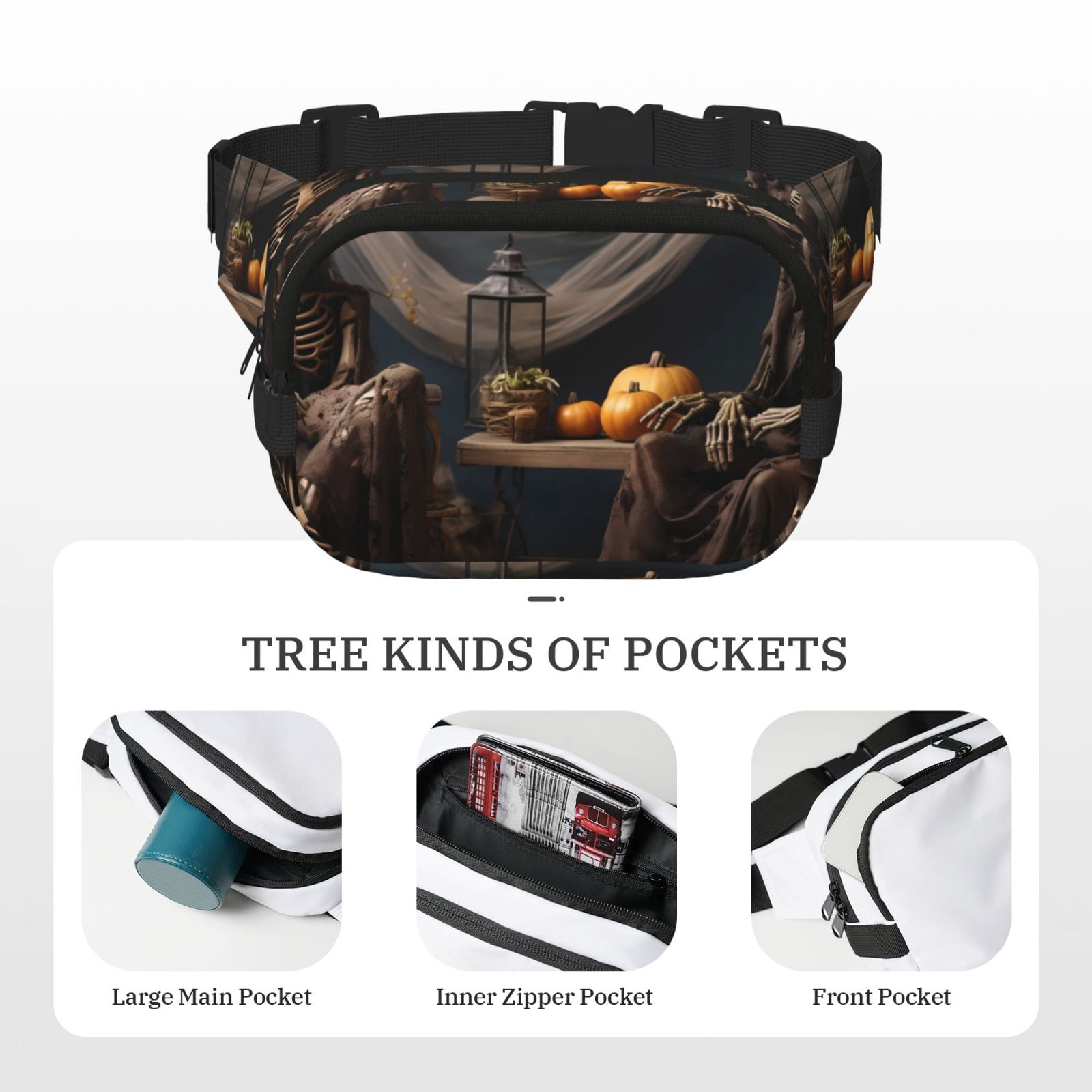 Picia Modern Skull Sisters Print Square Double-Layer Waist Bag Mini Adjustable Waist Belt Bag Exercise Running Travel Hiking