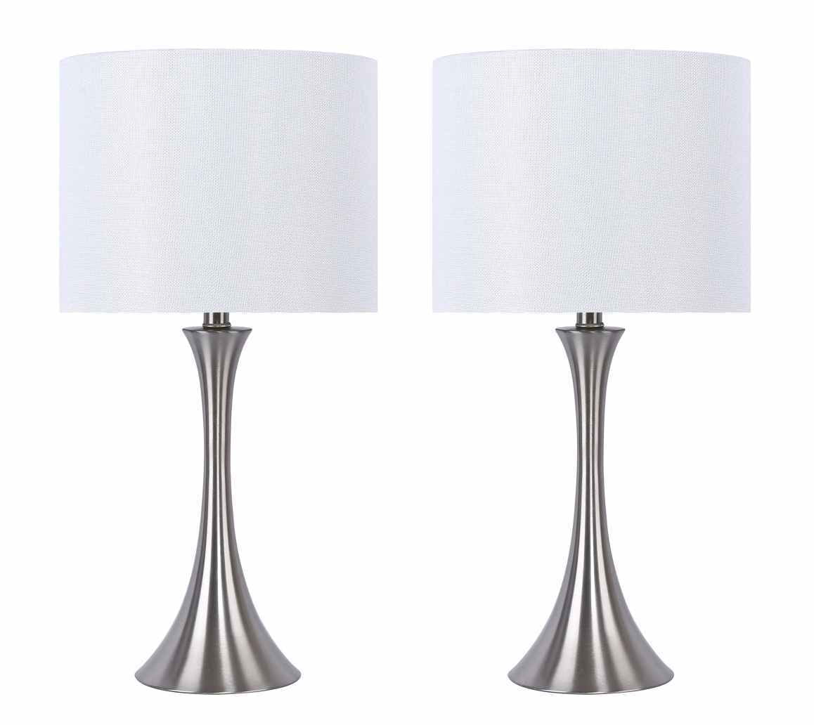 24.25" Brushed Nickel Table Lamp Set W/ White Textured Drum Shades