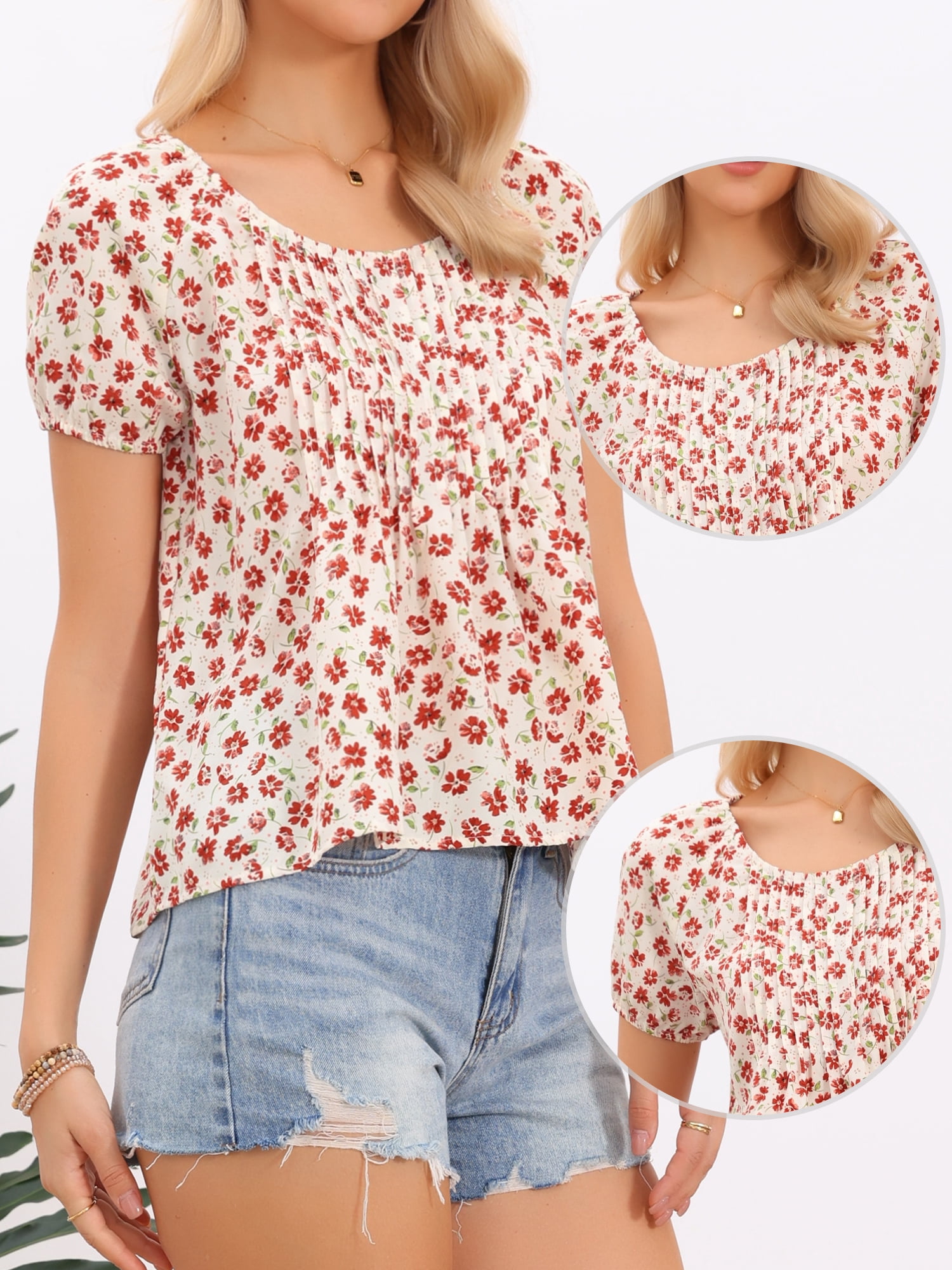 DARING DIVA Women's Floral Babydoll Tops Pleated Scoop Neck Cute Shirt Blouses XS Beige