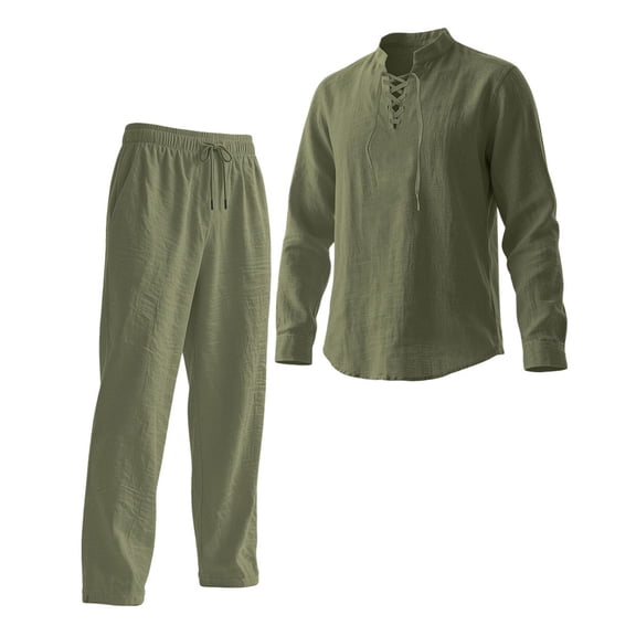 DHFJKG Tracksuit 2 Piece Set For Men Solid Color Long Sleeve Tie Neck Pullover Loose Fit Pants Lightweight Linen Casual Suit Versatile Outfit