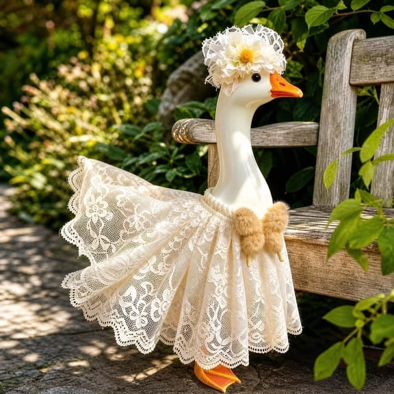 23 Inch Porch Goose Lace Princess Dress Outfit Set, Cream White Floral Lace Goose Costume with Matching Flower Headpiece for Porch Goose Lawn Yard Decor