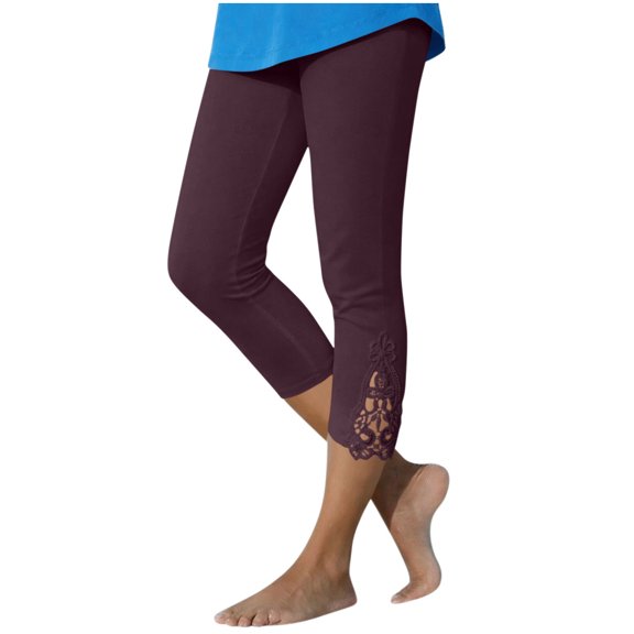 Yyeselk Women's Fashion Lace Hem Capri Leggings Lightweight Skinny Cozy Yoga Trousers Slim Fit Elastic Waist Stretch Cropped Pants Purple M
