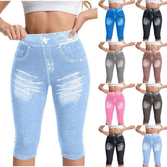 Admvng Womens Faux Denim Print Capri Leggings High Waist Stretchy Cropped Workout Pants