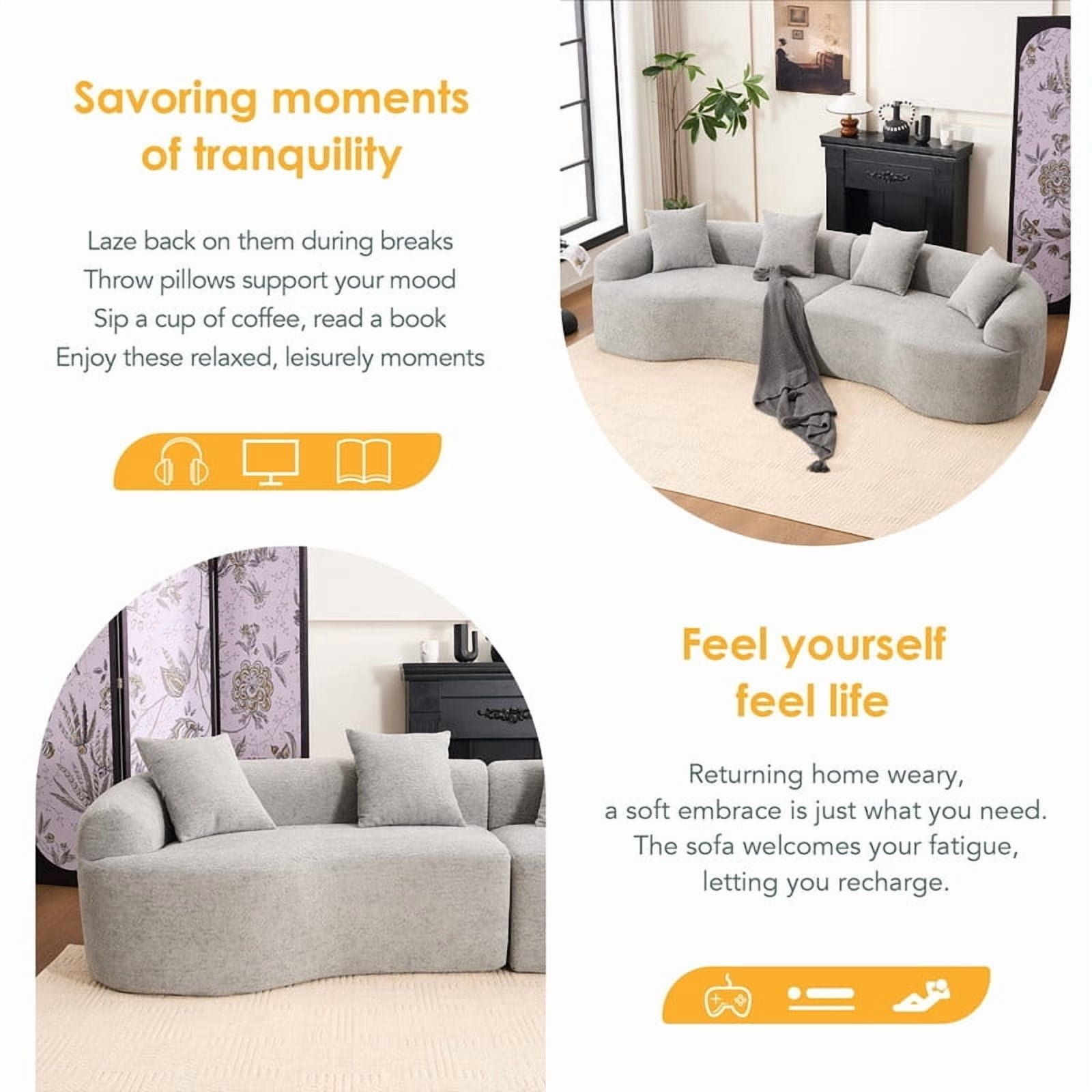Curved Sectional Sofa with 4 Throw Pillows, Modern Luxury Chenille 4-Seater Cloud Couch with Deep Seat for Living Room, No Assembly Needed