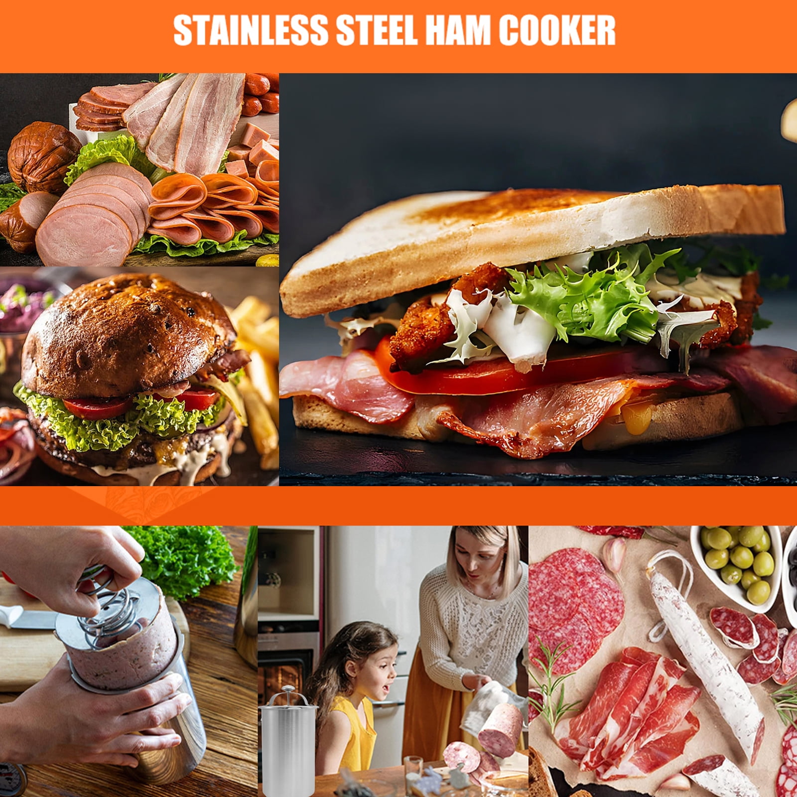 Ham Maker with ℉/℃ Cooking Thermometer and Silicone Kitchen Mittens Stainless Steel Meat Press Mold Reusable Deli Meat Press for Homemade Deli Meats Silver
