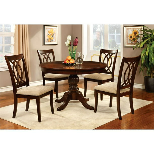 5 Piece Wood Dining Set In Brown Cherry, Cherry Wood Round Dining Room Table
