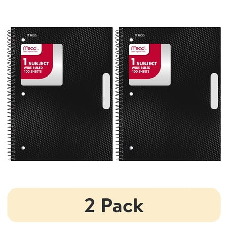 (2 pack) Mead 1 Subject Wide Ruled Notebook, 8" x 10.5", Black, Poly, Spiral, 100 Sheets