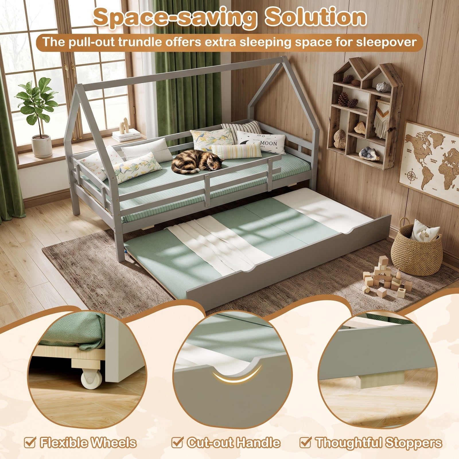 Furnibear Twin Bed Frame, House Bed with Pull Out Trundle and Fence Rail Guards, Montessori Floor Bed with Slat Support for Kids Room, Gray
