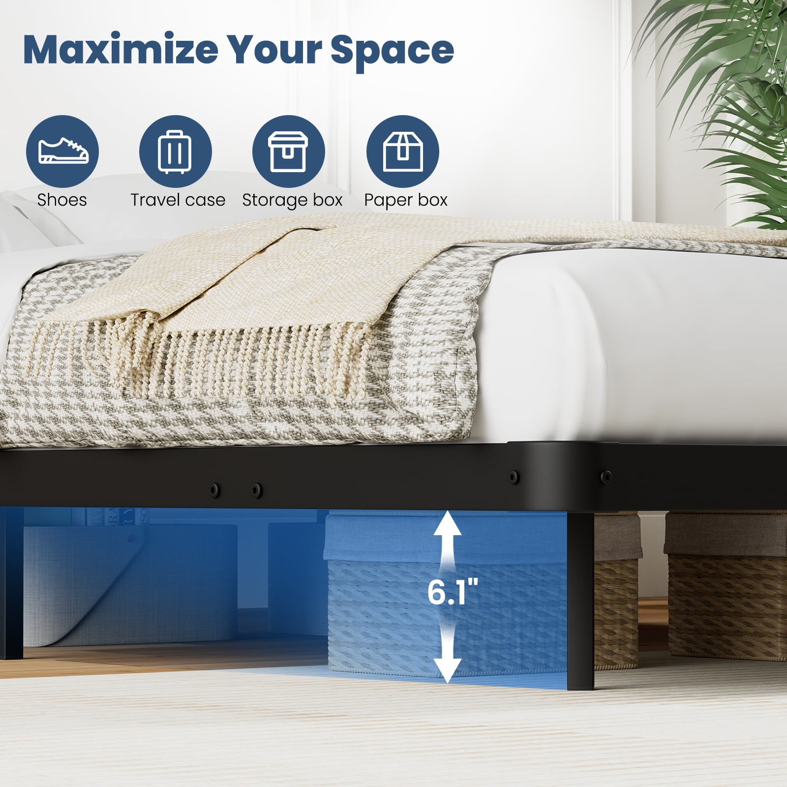 Lusimo Floating Bed Frame with LED Lights Queen Size Metal Platform Bed Frame with 6.1" Under Bed Storage Space No Box Spring Needed, Black