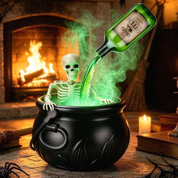 Halloween Decorations Indoor, 7.8in Large Cauldron Halloween Decor with Magic Floating Potion Bottles Fog Diffuser Spooky Skeletons, Spooky Vintage Black Witches Plastic Bowl for Home Table Mantel Pa
