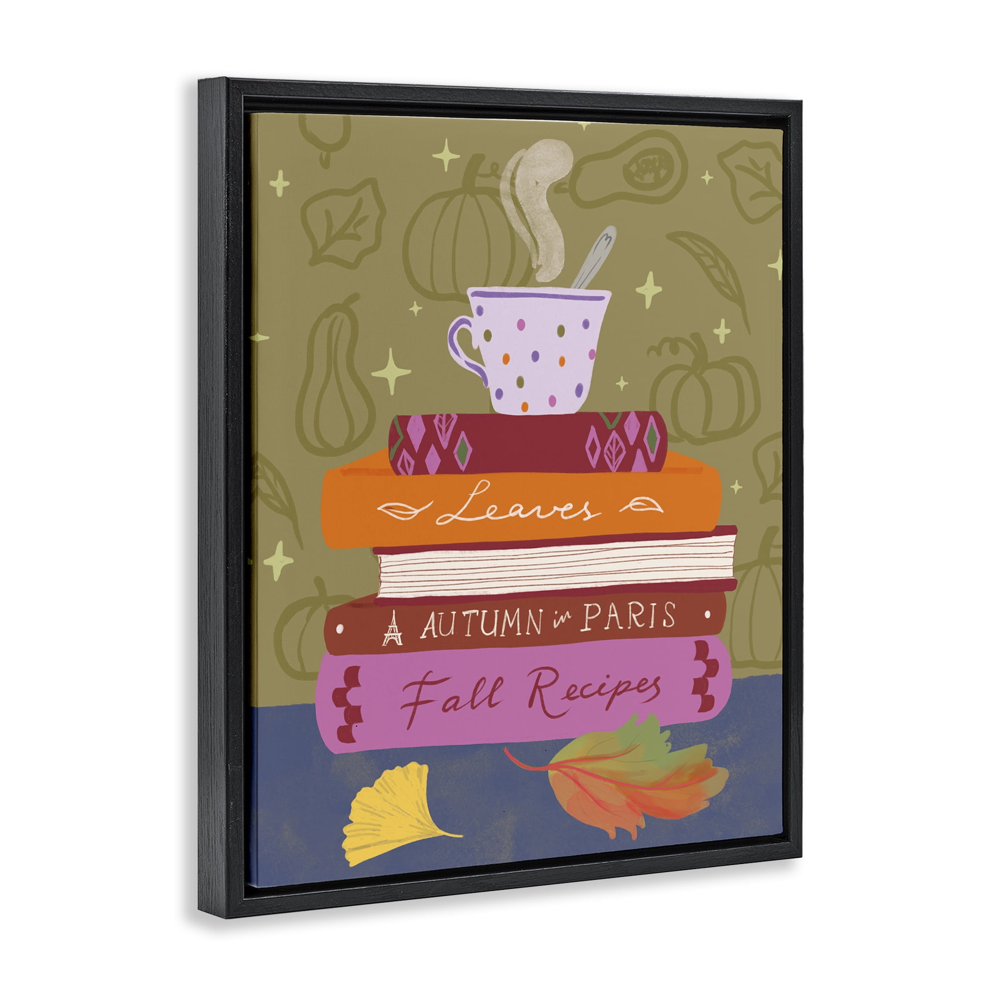 Stupell Industries Autumnal Mug on Bookstack Education Painting Black Floater Framed Canvas Art Print Wall Art, 25 x 31