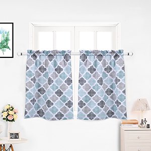 Volkmi 25CM 2Pcs Morocco Print Polyester Cotton Kitchen Tiers Room-Darkening Rod Pocket Small Window Curtain Set (Green gray)