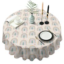 Beige Boho Bohemia Rainbows Hearts Pattern Round Tablecloth 60"x60",Wrinkle Wipeable Table Cloth for Kitchen Dining Room Picnic Patio Party