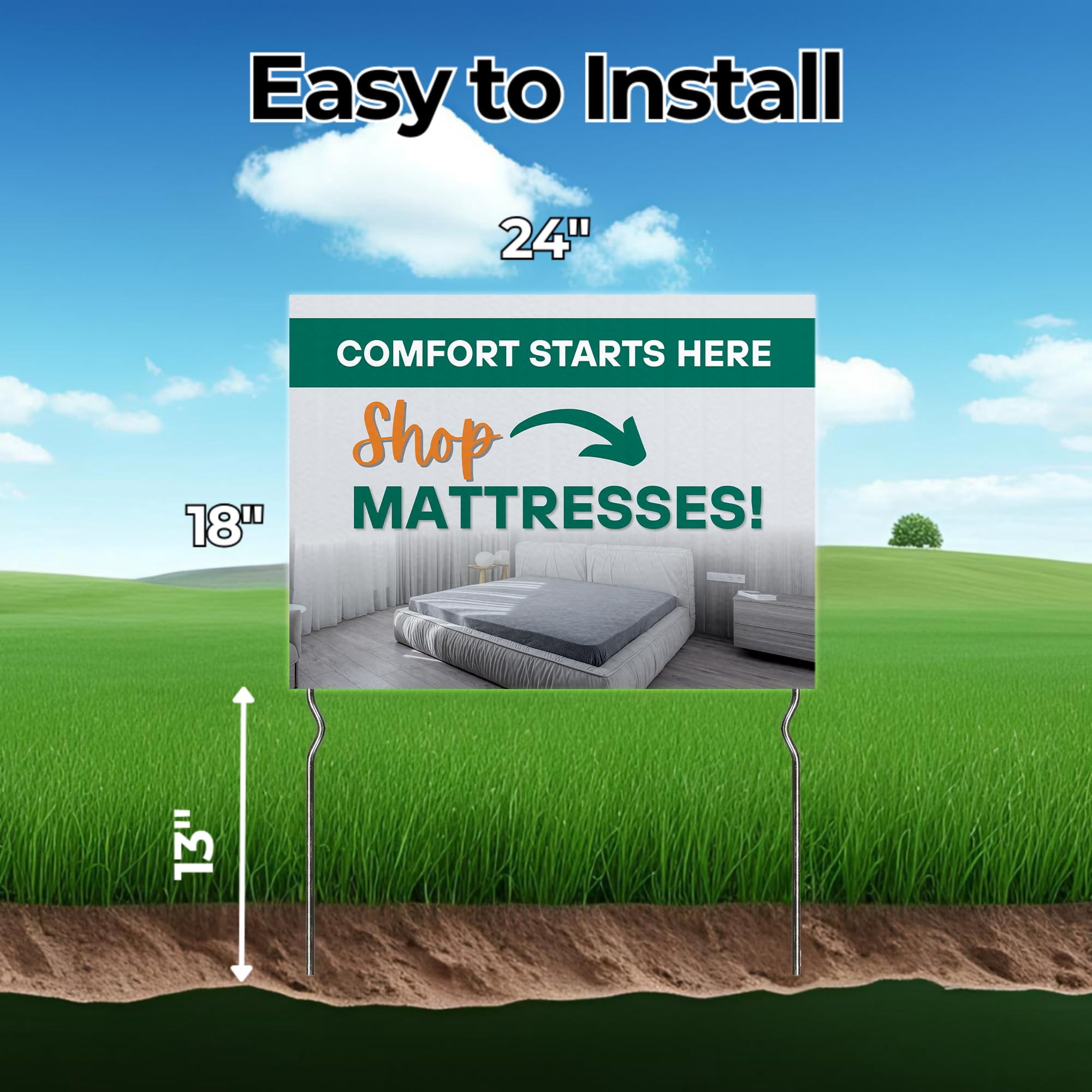 Comfort Starts Here - Shhop Mattresses! Yard Sign by DC | 24"x18" Double Sided Furniture Garden Sign with 13” Metal Stakes | Outdoor Signs Waterproof for Lawn, Patio, Sidewalk & House | Set of 5