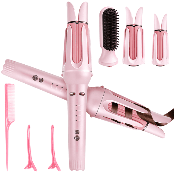 3-in-1 Auto Rotating Curling Iron with 32mm & 38mm Barrels, Waver & Straightener Brush, Anti-Scald Hair Styler Pink