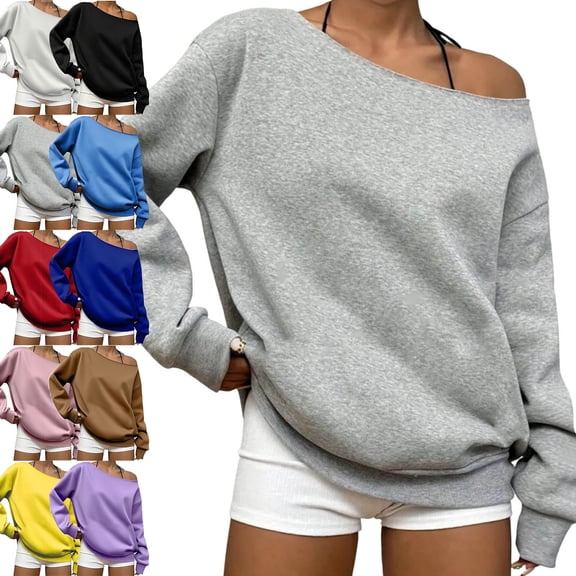 Lumosvexa Women's Off Shoulder Sweatshirts Soft Comfort Long Sleeve Loose Fit Fall Fashion Pullover Gray M