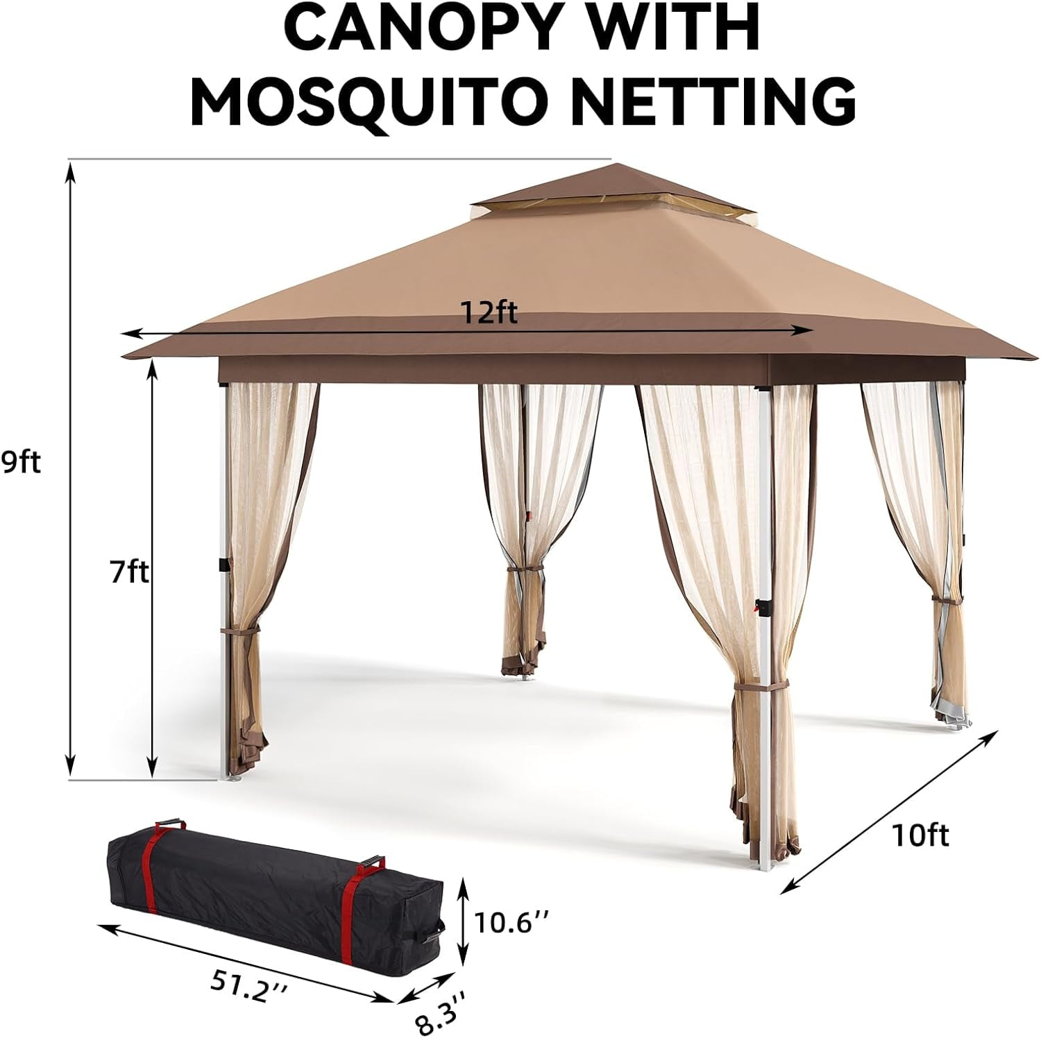 Senfot 12x12 FT Outdoor Folding Gazebo Canopy Tent with Mosquito Net Waterproof Windproof UV Resistant Khaki