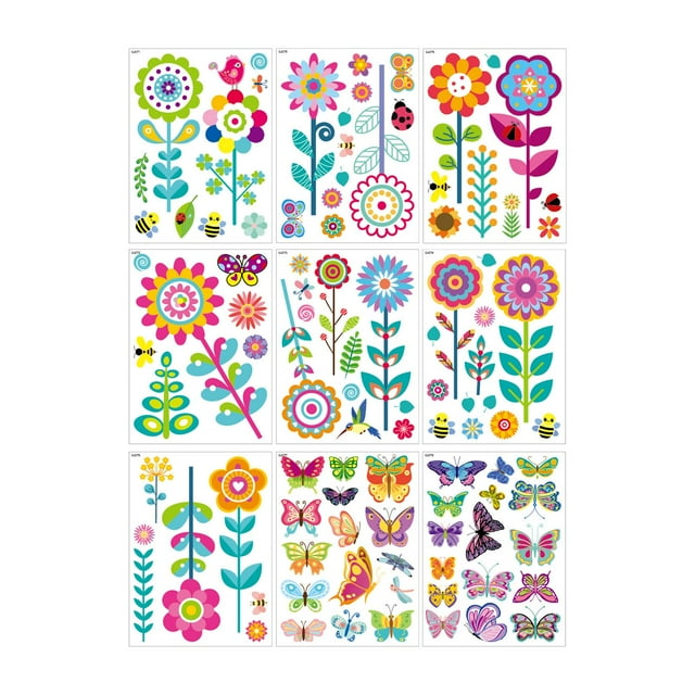 jifeng 9 Sheets Colorful Flowers Window Clings Stickers Reusable for Shopping Malls