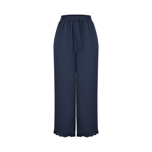 Sinpiling Plus Size Pants for Women S-5X Drawstring Elastic Waist Straight Wide Leg Trousers Ladies Casual Loose Lace Splice Bottom Solid Comfort Loungewear Pant Christmas Outfits