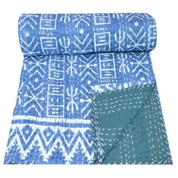 Blue Indigo Kantha Quilt Kantha Bedspread Kantha Blanket Cotton Throw Handmade Quilt Single Size