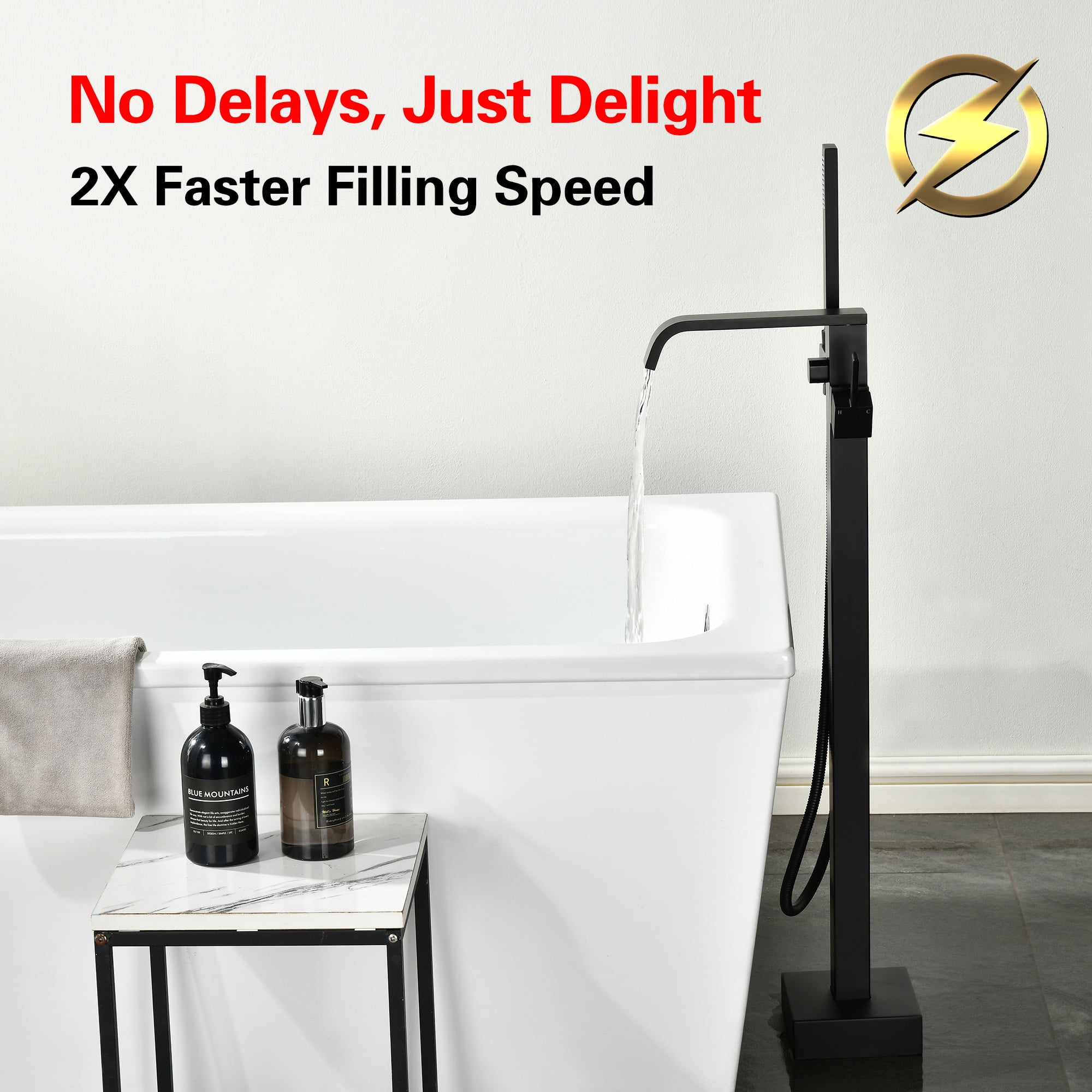 SUMERAIN Matte Black Bathroom Freestanding Tub Faucet, Modern Waterfall Floor Mount Bathtub Faucet with Hand Shower, High Flow