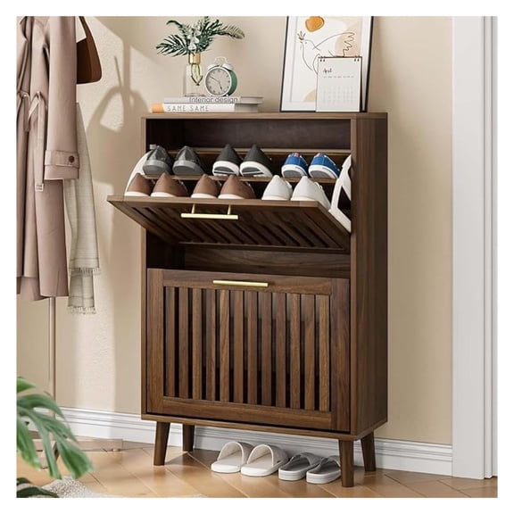 Shoe Cabinet for Entryway, Slim Narrow Shoe Storage Cabinet with 2 Louvered Drawers, Freestanding Shoe Rack Organizer Cabinet for Hallway, Living Room, Walnut (23.6''W)