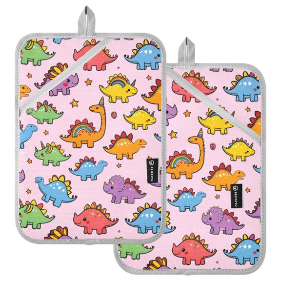 Ryvnso Cartoon Dinosaur Pink Pattern Oven Mitts Heat Resistant Pot Holders Set of 2 Hot Pads